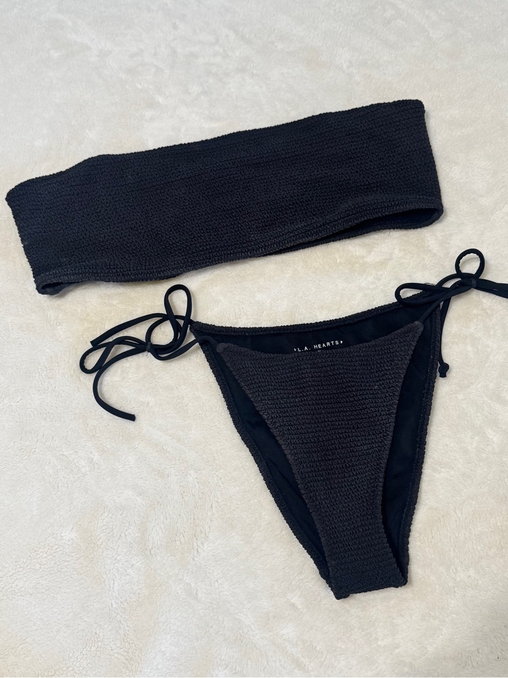 PACSUN BLACK TEXTURED BANDEAU BIKINI SET / TOP SIZE L BOTTOM SIZE XS